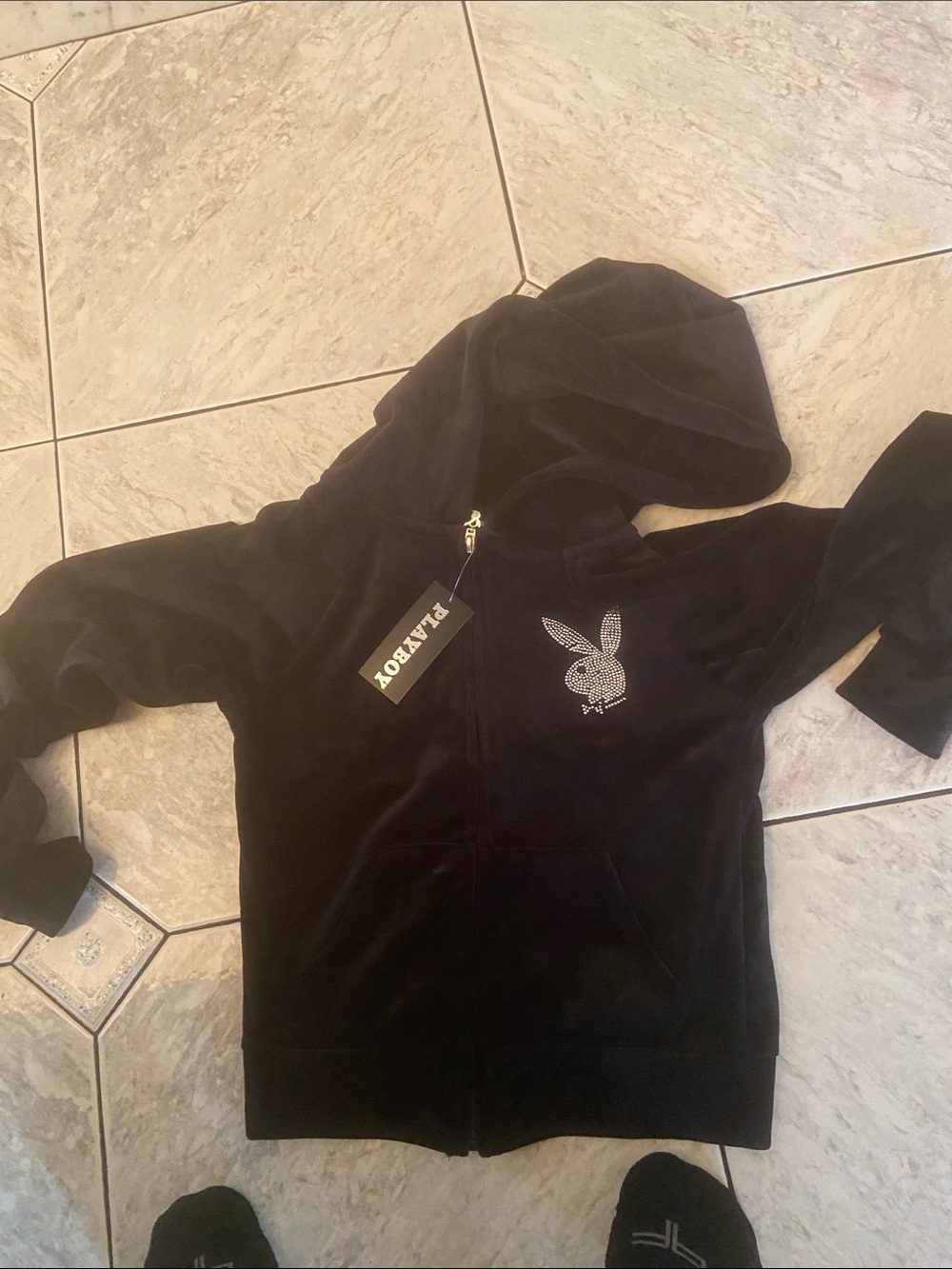PLAYBOY Black Velour Hooded Jacket with Rhinestone Bunny